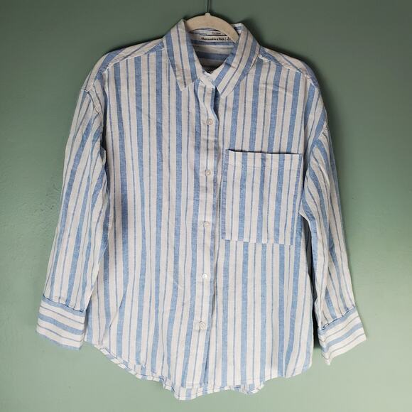 Abercrombie & Fitch Womens Blue White Striped Oversized Linen Shirt Size Small - Picture 1 of 6